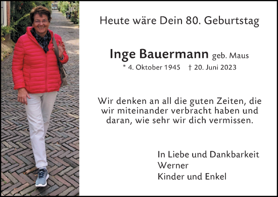 Traueranzeige von Inge Bauermann von Allgemeine Zeitung Mainz