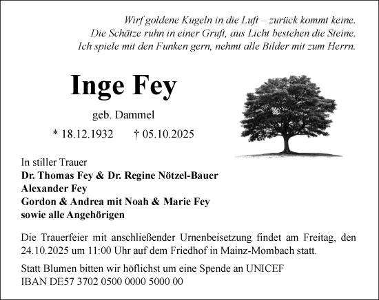 Traueranzeige von Inge Fey von Allgemeine Zeitung Mainz Traueranzeige von Inge Fey von Allgemeine Zeitung Mainz