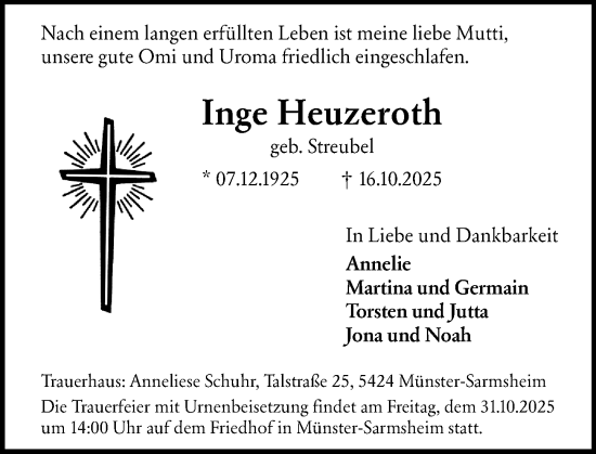 Traueranzeige von Inge Heuzeroth von Binger-/Ingelheimer Wochenblatt Traueranzeige von Inge Heuzeroth von Binger-/Ingelheimer Wochenblatt