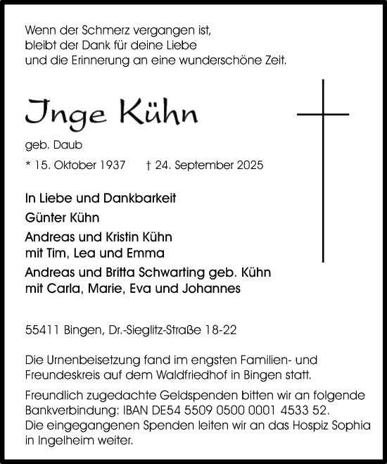 Traueranzeige von Inge Kühn von Allgemeine Zeitung Rheinhessen-Nahe Traueranzeige von Inge Kühn von Allgemeine Zeitung Rheinhessen-Nahe