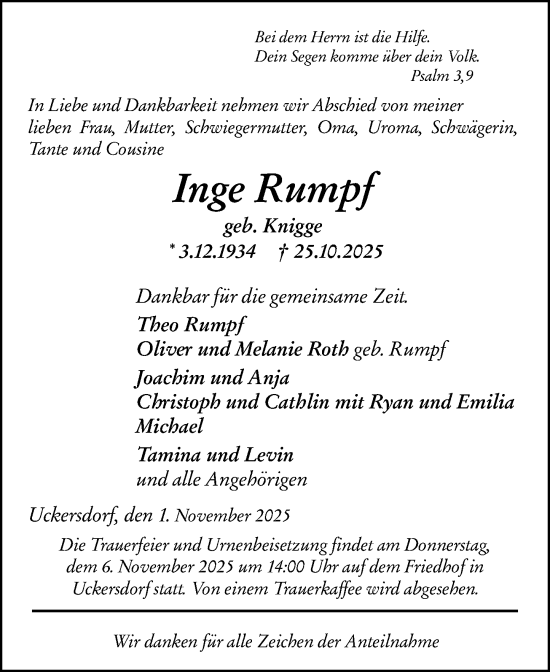 Traueranzeige von Inge Rumpf von Dill Block Traueranzeige von Inge Rumpf von Dill Block