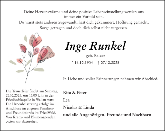Traueranzeige von Inge Runkel von Hinterländer Anzeiger Traueranzeige von Inge Runkel von Hinterländer Anzeiger