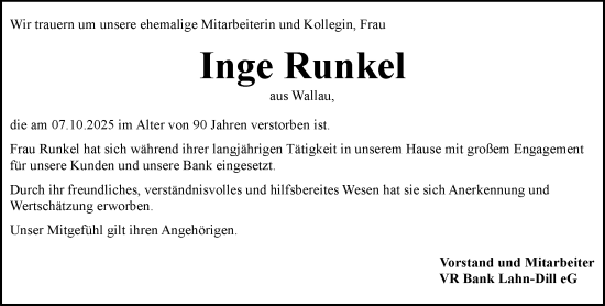 Traueranzeige von Inge Runkel von Hinterländer Anzeiger Traueranzeige von Inge Runkel von Hinterländer Anzeiger