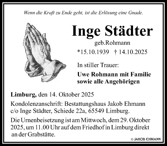 Traueranzeige von Inge Städter von Nassauische Neue Presse Traueranzeige von Inge Städter von Nassauische Neue Presse