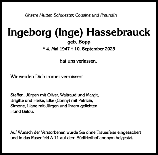 Traueranzeige von Ingeborg Hassebrauck von Wiesbadener Kurier Traueranzeige von Ingeborg Hassebrauck von Wiesbadener Kurier