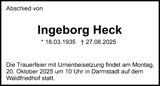 Traueranzeige von Ingeborg Heck von Darmstädter Echo Traueranzeige von Ingeborg Heck von Darmstädter Echo