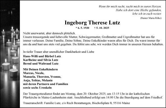 Traueranzeige von Ingeborg Therese Lutz von Allgemeine Zeitung Mainz Traueranzeige von Ingeborg Therese Lutz von Allgemeine Zeitung Mainz