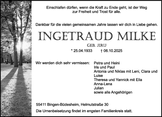 Traueranzeige von Ingetraud Milke von Allgemeine Zeitung Rheinhessen-Nahe Traueranzeige von Ingetraud Milke von Allgemeine Zeitung Rheinhessen-Nahe