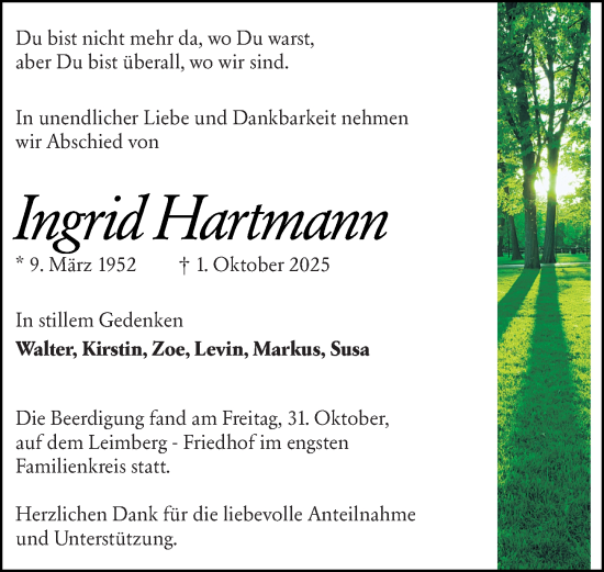 Traueranzeige von Ingrid Hartmann von Odenwälder Echo Traueranzeige von Ingrid Hartmann von Odenwälder Echo