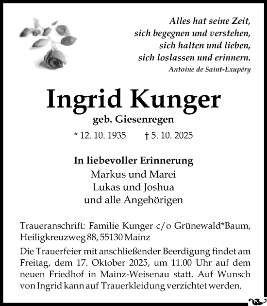 Traueranzeige von Ingrid Kunger von Allgemeine Zeitung Mainz Traueranzeige von Ingrid Kunger von Allgemeine Zeitung Mainz
