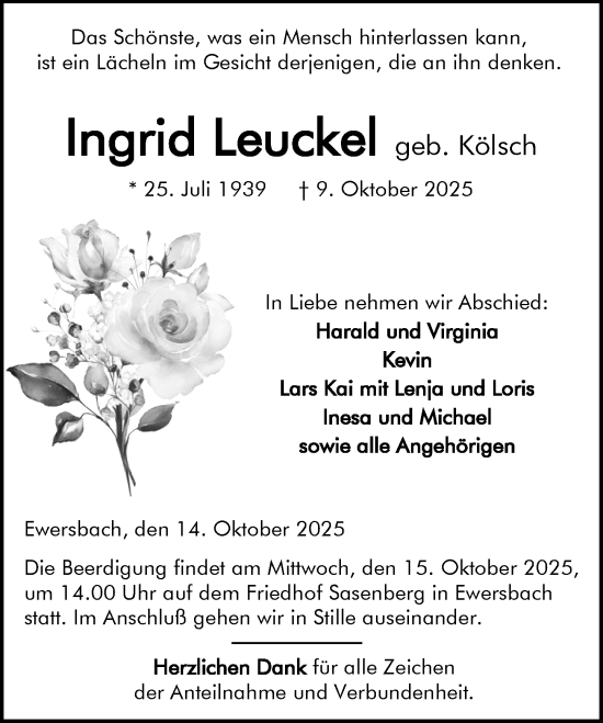 Traueranzeige von Ingrid Leuckel von Dill Block