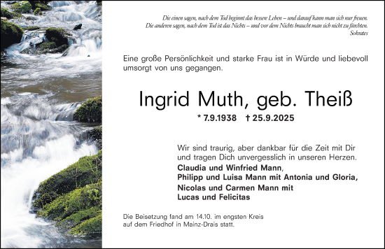 Traueranzeige von Ingrid Muth von Allgemeine Zeitung Mainz Traueranzeige von Ingrid Muth von Allgemeine Zeitung Mainz