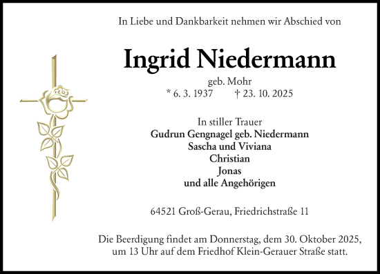 Traueranzeige von Ingrid Niedermann von Groß-Gerauer Echo Traueranzeige von Ingrid Niedermann von Groß-Gerauer Echo