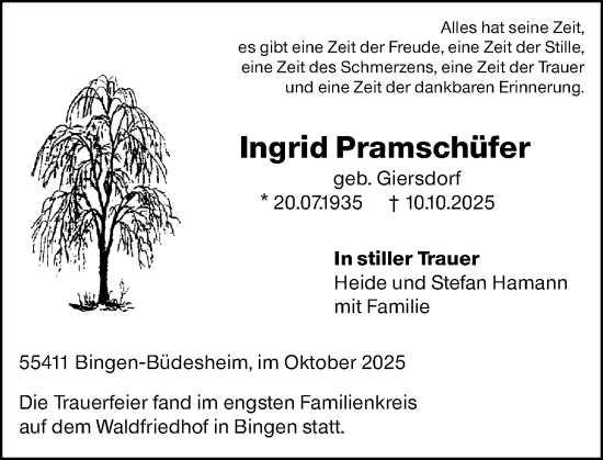 Traueranzeige von Ingrid Pramschüfer von Binger-/Ingelheimer Wochenblatt Traueranzeige von Ingrid Pramschüfer von Binger-/Ingelheimer Wochenblatt