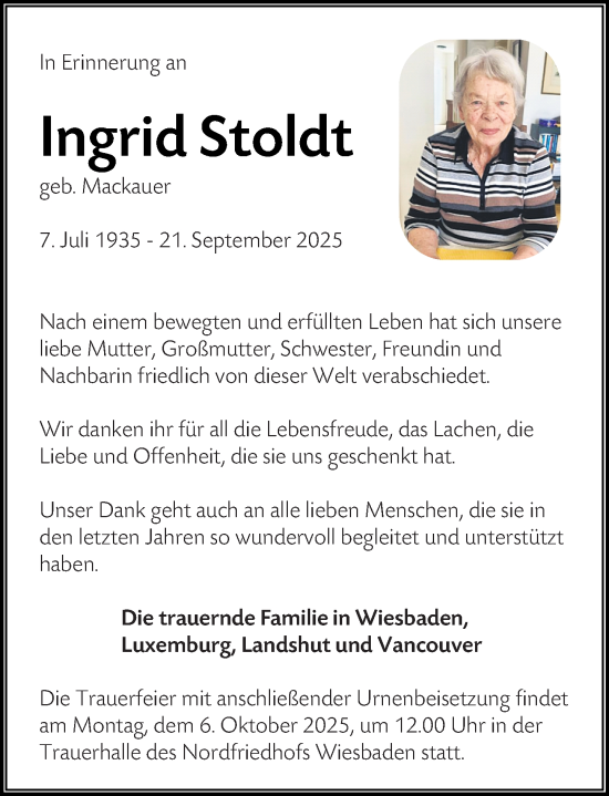 Traueranzeige von Ingrid Stoldt von Wiesbadener Kurier Traueranzeige von Ingrid Stoldt von Wiesbadener Kurier