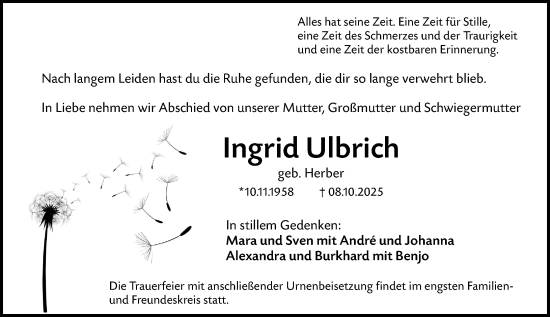 Traueranzeige von Ingrid Ulbrich von Wiesbadener Kurier Traueranzeige von Ingrid Ulbrich von Wiesbadener Kurier
