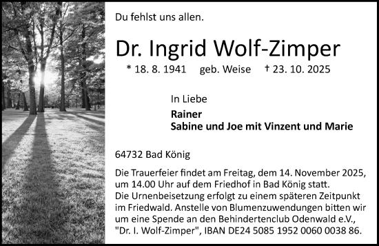 Traueranzeige von Ingrid Wolf-Zimper von Odenwälder Echo Traueranzeige von Ingrid Wolf-Zimper von Odenwälder Echo
