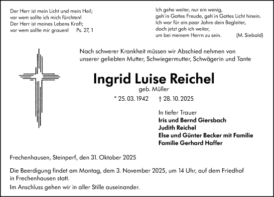Traueranzeige von Ingrid Luise Reichel von Hinterländer Anzeiger Traueranzeige von Ingrid Luise Reichel von Hinterländer Anzeiger