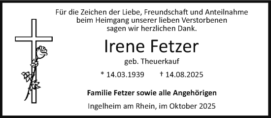 Traueranzeige von Irene Fetzer von Allgemeine Zeitung Rheinhessen-Nahe Traueranzeige von Irene Fetzer von Allgemeine Zeitung Rheinhessen-Nahe