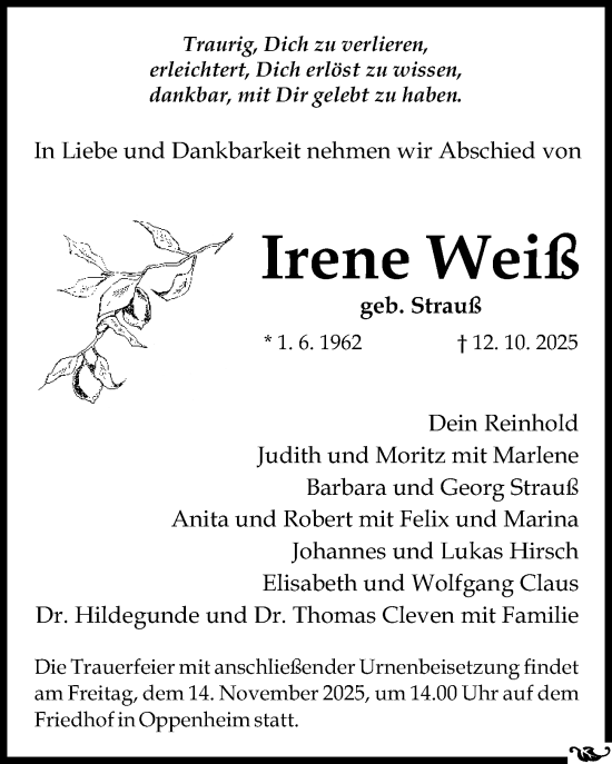 Traueranzeige von Irene Weiß von Allgemeine Zeitung Mainz Traueranzeige von Irene Weiß von Allgemeine Zeitung Mainz