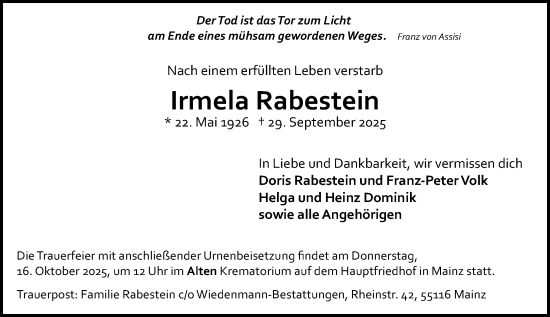 Traueranzeige von Irmela Rabestein von Allgemeine Zeitung Mainz Traueranzeige von Irmela Rabestein von Allgemeine Zeitung Mainz