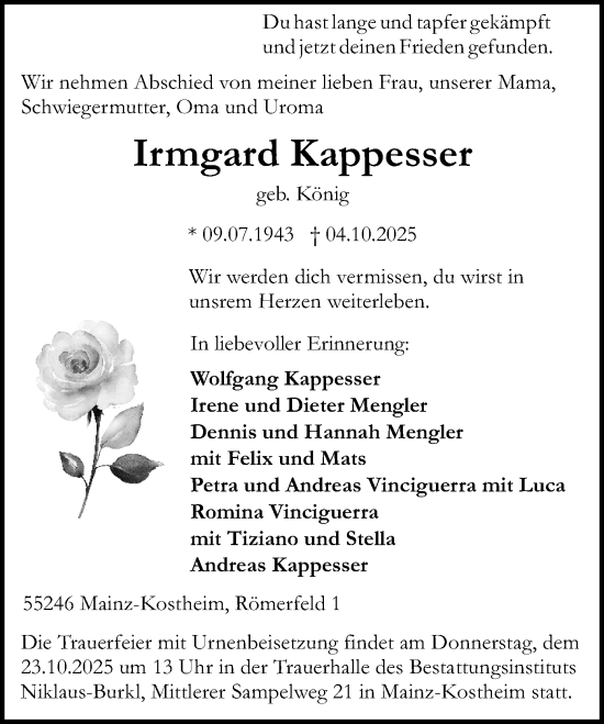 Traueranzeige von Irmgard Kappesser von Allgemeine Zeitung Mainz Traueranzeige von Irmgard Kappesser von Allgemeine Zeitung Mainz