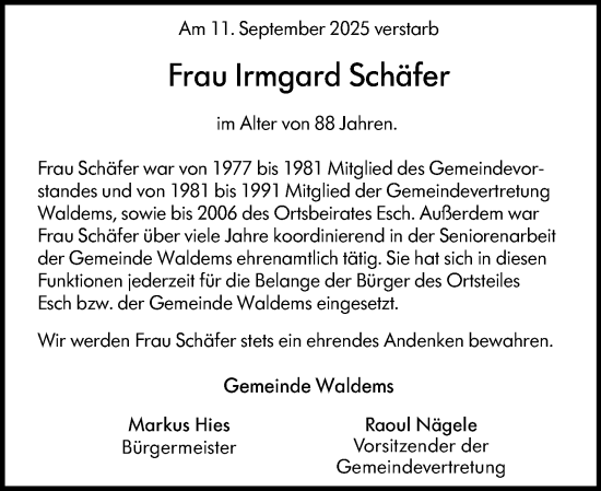 Traueranzeige von Irmgard Schäfer von Idsteiner Land/Untertaunus