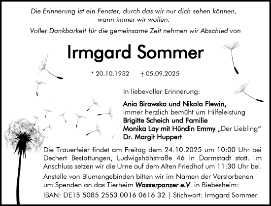 Traueranzeige von Irmgard Sommer von Odenwälder Echo Traueranzeige von Irmgard Sommer von Odenwälder Echo