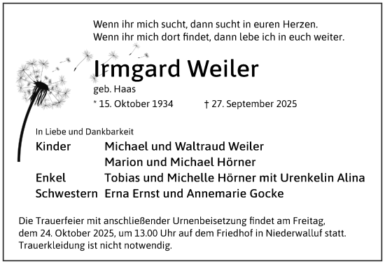 Traueranzeige von Irmgard Weiler von Wiesbadener Kurier Traueranzeige von Irmgard Weiler von Wiesbadener Kurier
