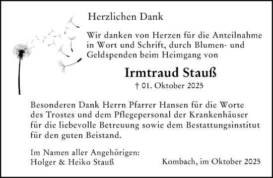 Traueranzeige von Irmtraud Stauß von Hinterl#nder Anzeiger