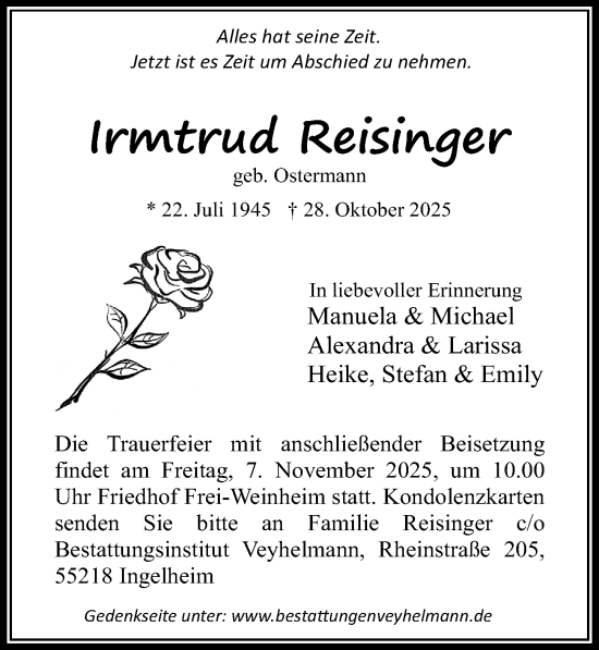Traueranzeige von Irmtrud Reisinger von Allgemeine Zeitung Rheinhessen-Nahe Traueranzeige von Irmtrud Reisinger von Allgemeine Zeitung Rheinhessen-Nahe