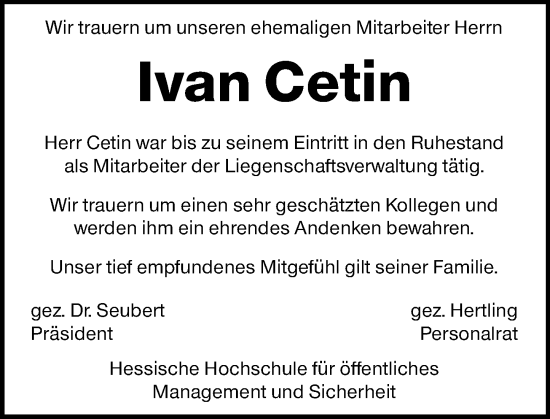 Traueranzeige von Ivan Cetin von Wiesbadener Kurier Traueranzeige von Ivan Cetin von Wiesbadener Kurier