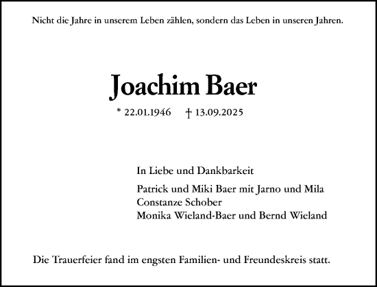 Traueranzeige von Joachim Baer von Darmstädter Echo