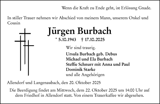 Traueranzeige von Jürgen Burbach von Dill Block Traueranzeige von Jürgen Burbach von Dill Block