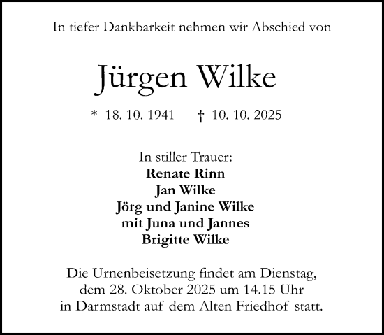 Traueranzeige von Jürgen Wilke von Darmstädter Echo Traueranzeige von Jürgen Wilke von Darmstädter Echo