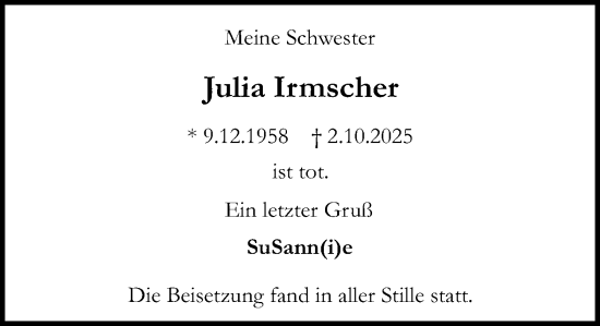 Traueranzeige von Julia Irmscher von Darmstädter Echo Traueranzeige von Julia Irmscher von Darmstädter Echo