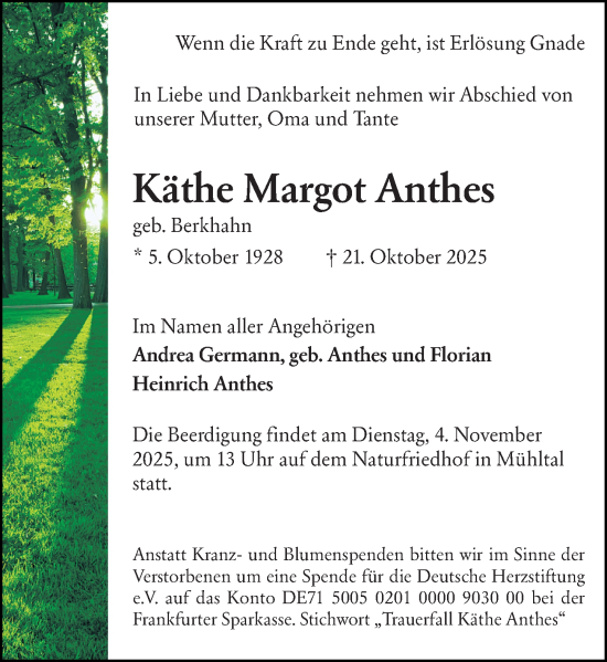 Traueranzeige von Käthe Margot Anthes von Darmstädter Echo Traueranzeige von Käthe Margot Anthes von Darmstädter Echo