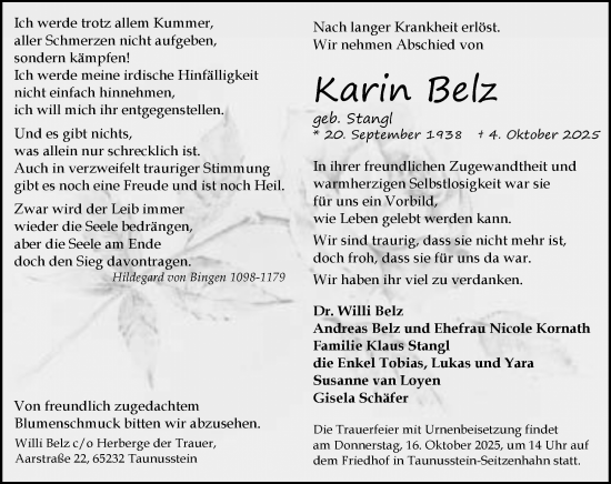 Traueranzeige von Karin Belz von Idsteiner Land/Untertaunus Traueranzeige von Karin Belz von Idsteiner Land/Untertaunus