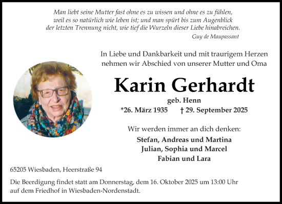 Traueranzeige von Karin Gerhardt von Wiesbadener Kurier Traueranzeige von Karin Gerhardt von Wiesbadener Kurier