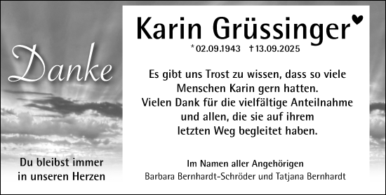 Traueranzeige von Karin Grüssinger von Weilburger Tageblatt Traueranzeige von Karin Grüssinger von Weilburger Tageblatt