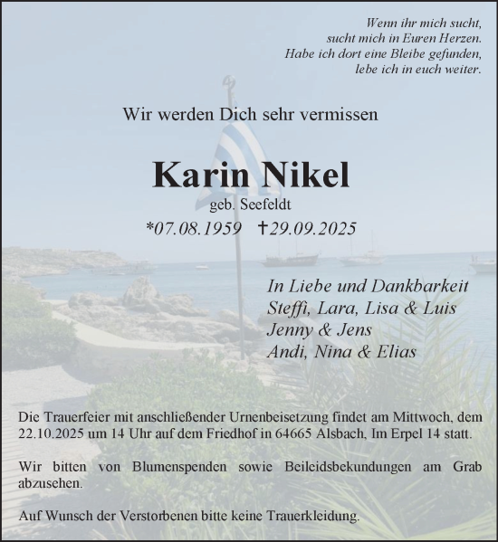 Traueranzeige von Karin Nikel von Odenwälder Echo Traueranzeige von Karin Nikel von Odenwälder Echo