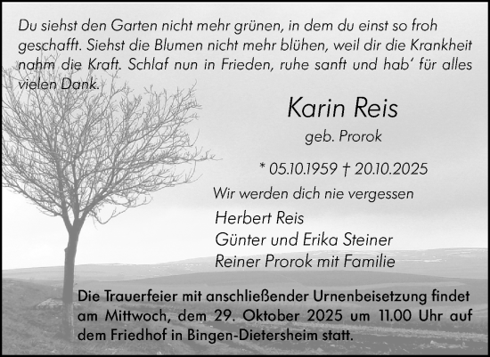 Traueranzeige von Karin Reis von Allgemeine Zeitung Rheinhessen-Nahe Traueranzeige von Karin Reis von Allgemeine Zeitung Rheinhessen-Nahe