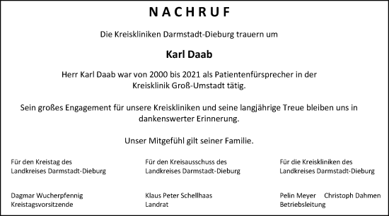 Traueranzeige von Karl Daab von Darmstädter Echo