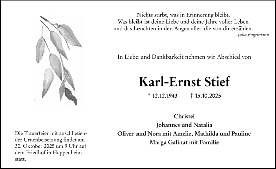 Traueranzeige von Karl-Ernst Stief von Starkenburger Echo