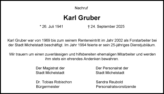 Traueranzeige von Karl Gruber von Odenwälder Echo Traueranzeige von Karl Gruber von Odenwälder Echo