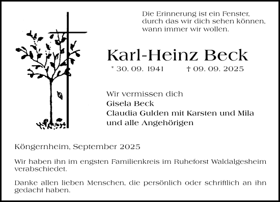 Traueranzeige von Karl-Heinz Beck von Allgemeine Zeitung Mainz Traueranzeige von Karl-Heinz Beck von Allgemeine Zeitung Mainz