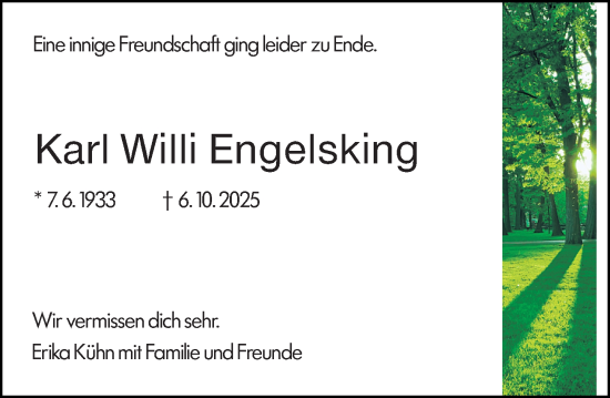 Traueranzeige von Karl Willi Engelsking von Darmstädter Echo Traueranzeige von Karl Willi Engelsking von Darmstädter Echo