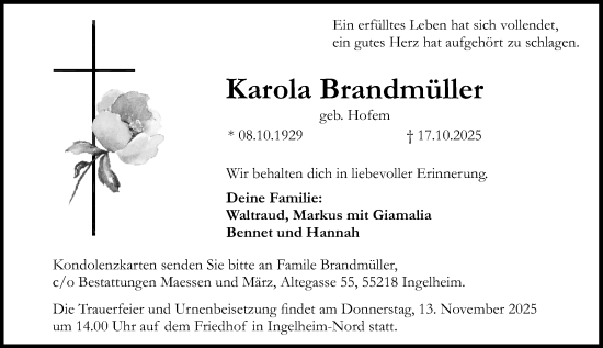 Traueranzeige von Karola Brandmüller von Allgemeine Zeitung Mainz Traueranzeige von Karola Brandmüller von Allgemeine Zeitung Mainz