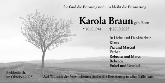 Traueranzeige von Karola Braun von Hinterländer Anzeiger Traueranzeige von Karola Braun von Hinterländer Anzeiger