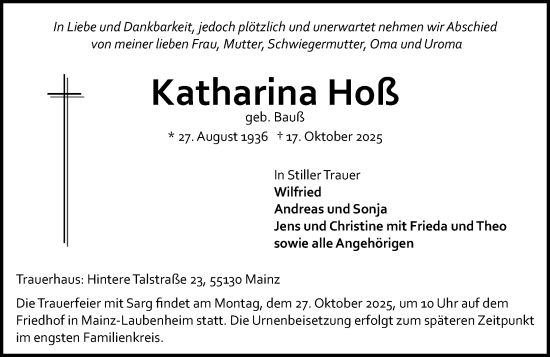 Traueranzeige von Katharina Hoß von Allgemeine Zeitung Mainz Traueranzeige von Katharina Hoß von Allgemeine Zeitung Mainz